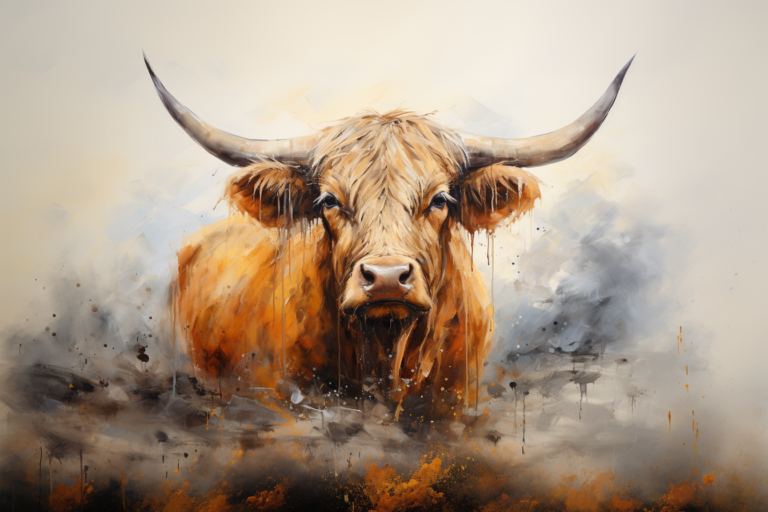 AI kunstwerk van een Schotse Hooglander, levendige kleuren, een doordringende blik alsof hij zo van het canvas je kamer kan binnenstappen!