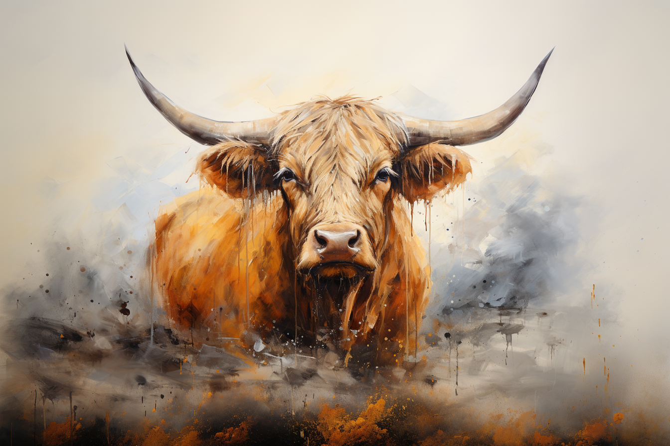 AI kunstwerk van een Schotse Hooglander, levendige kleuren, een doordringende blik alsof hij zo van het canvas je kamer kan binnenstappen!