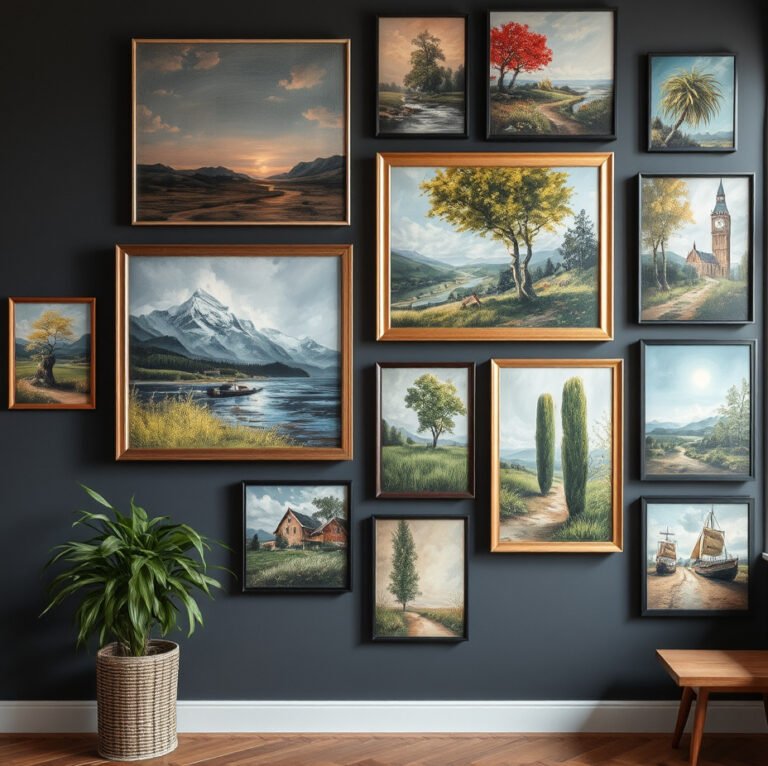 Een voorbeeld van een gallery wall met diverse schilderijen; alle in dezelfde kleurtonen, dezelfde kunststijl en sfeer, zo doe je dat!