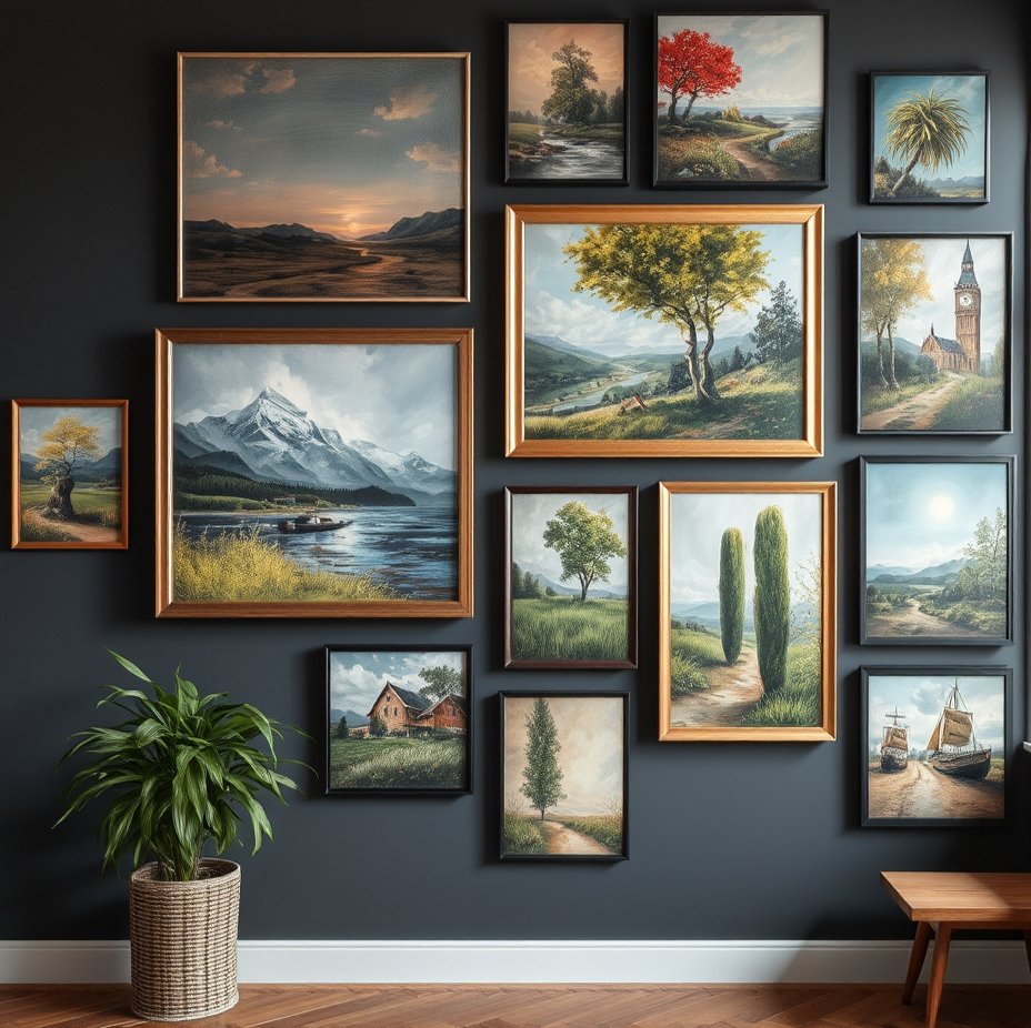Een voorbeeld van een gallery wall met diverse schilderijen; alle in dezelfde kleurtonen, dezelfde kunststijl en sfeer, zo doe je dat!